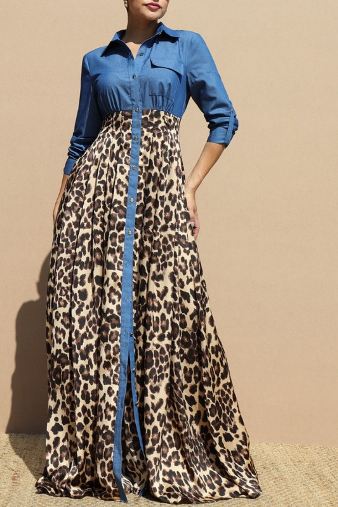 Leopard Denim Satin Maxi Dress
