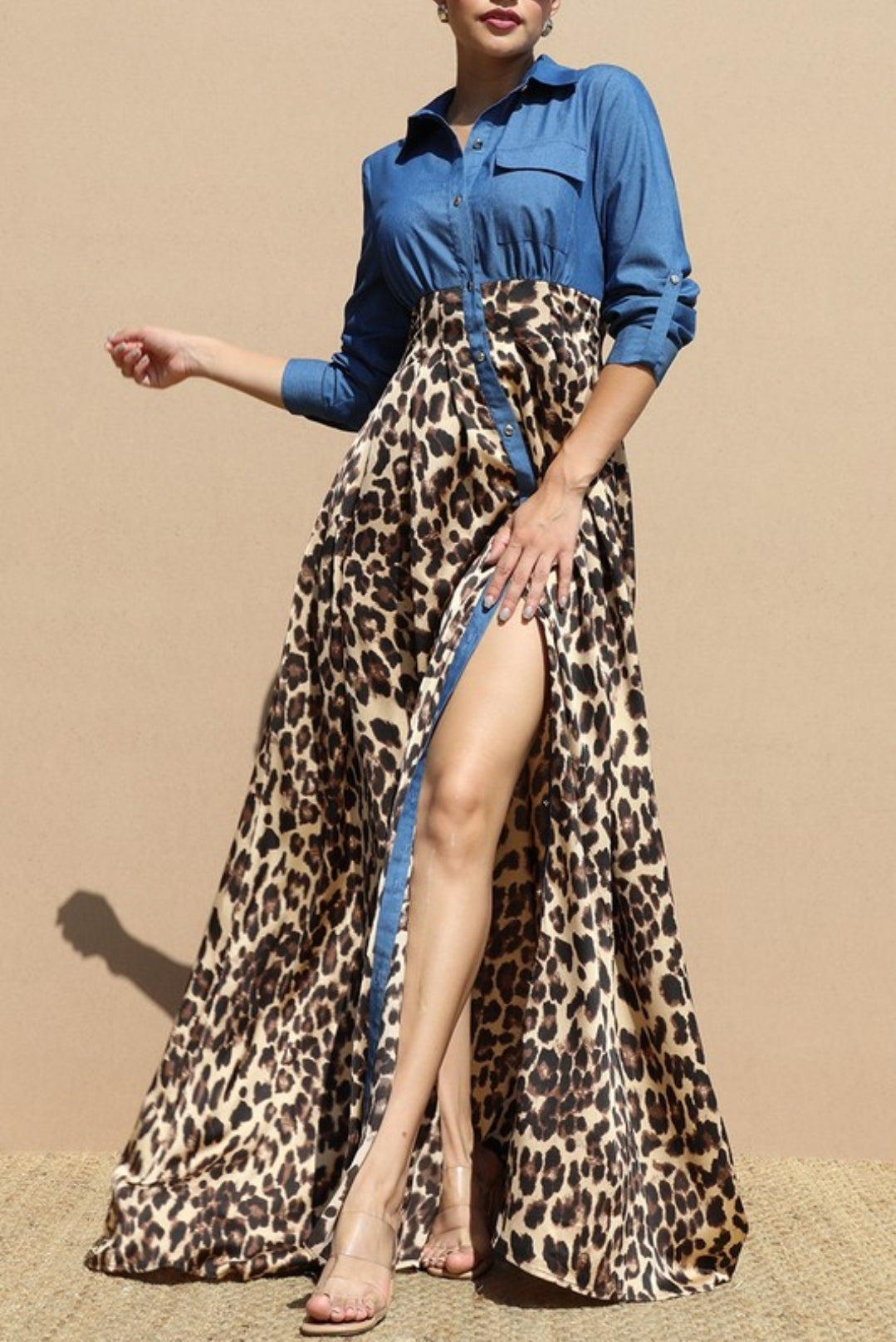 Leopard Denim Satin Maxi Dress