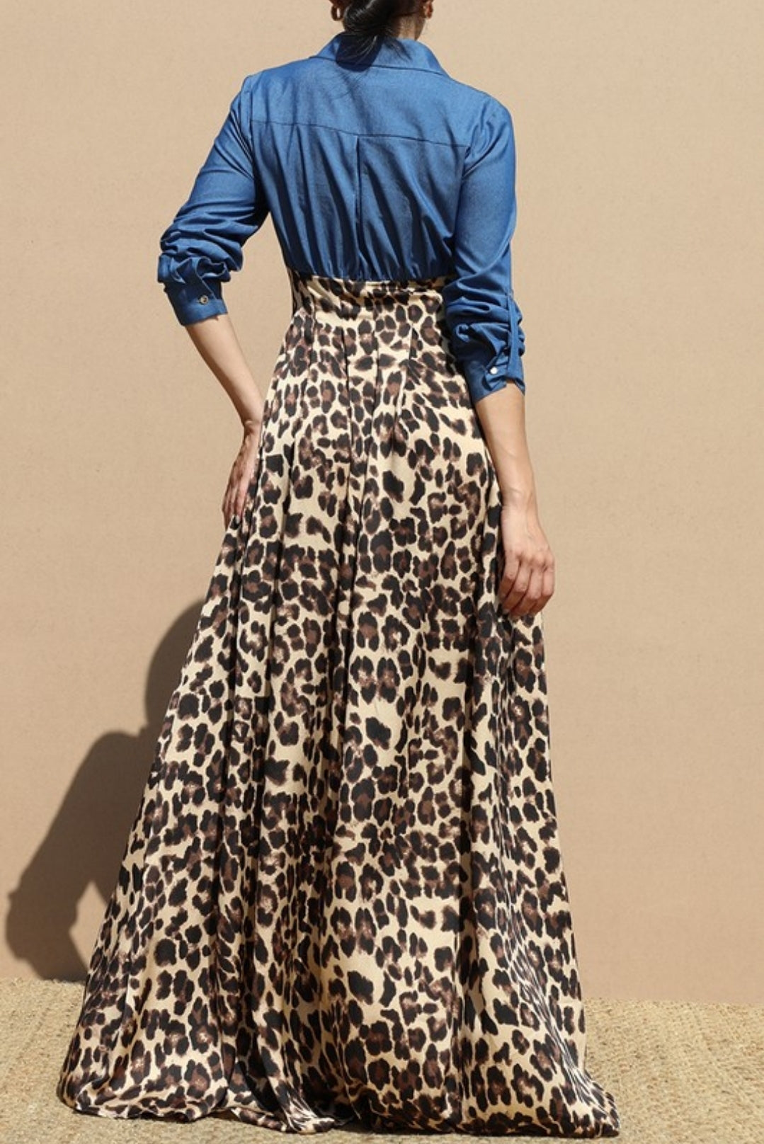 Leopard Denim Satin Maxi Dress