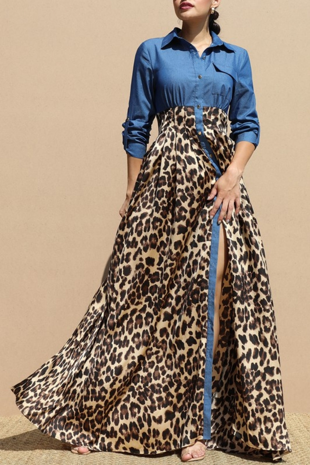 Leopard Denim Satin Maxi Dress