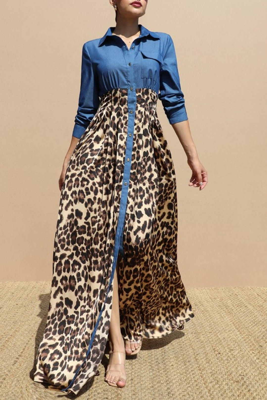 Leopard Denim Satin Maxi Dress