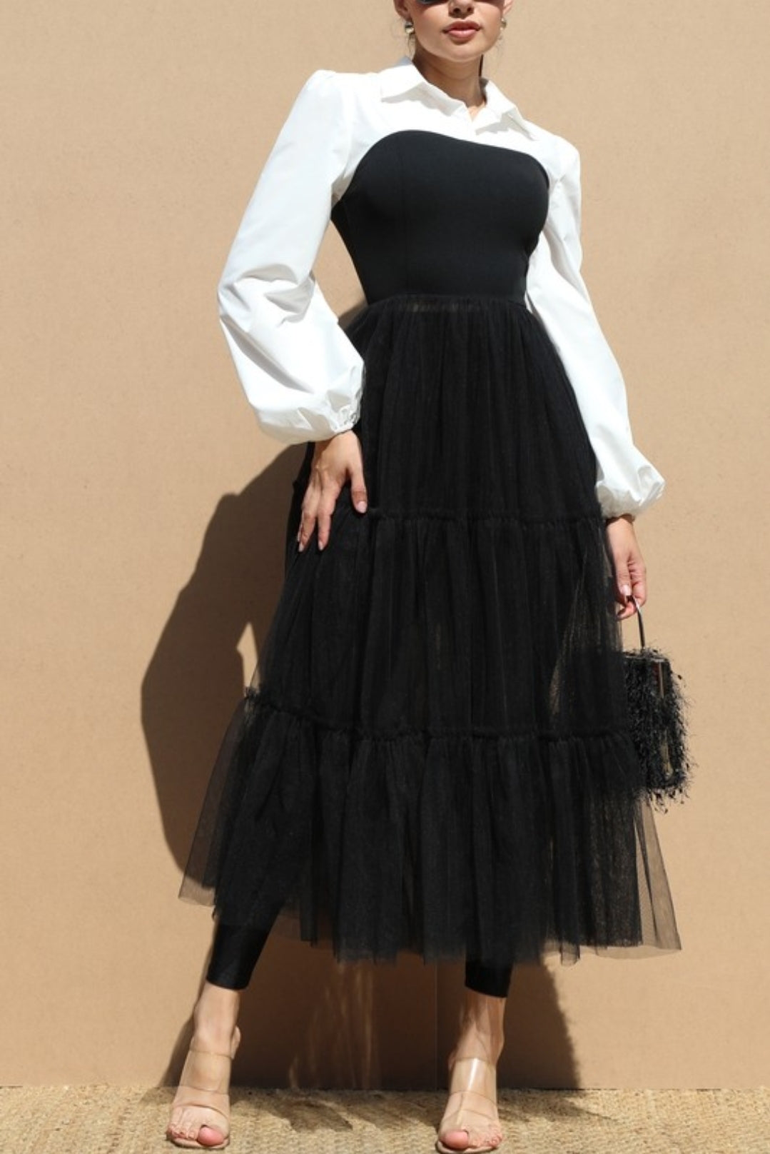 Puff Sleeve Woven Top Long Mesh Dress