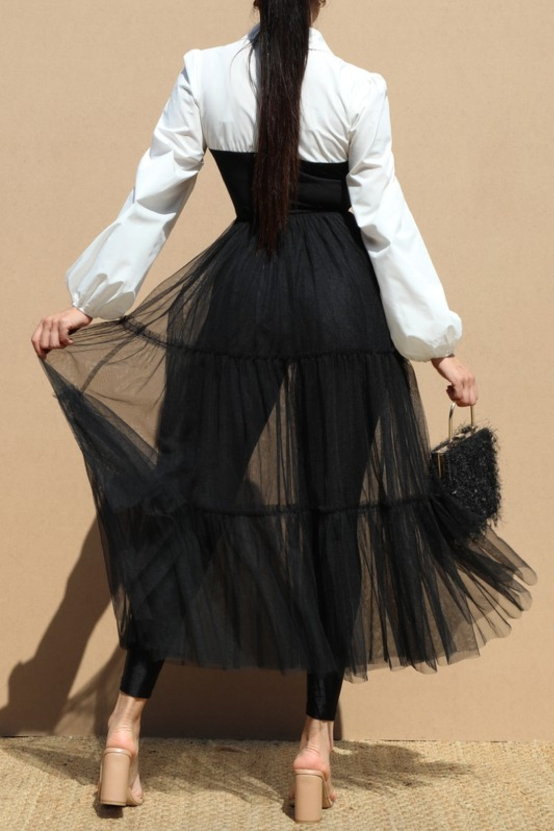 Puff Sleeve Woven Top Long Mesh Dress