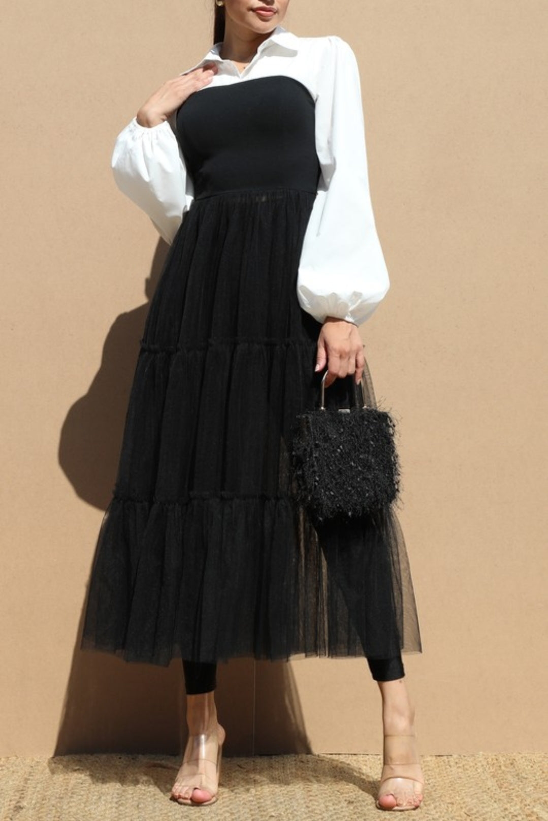 Puff Sleeve Woven Top Long Mesh Dress
