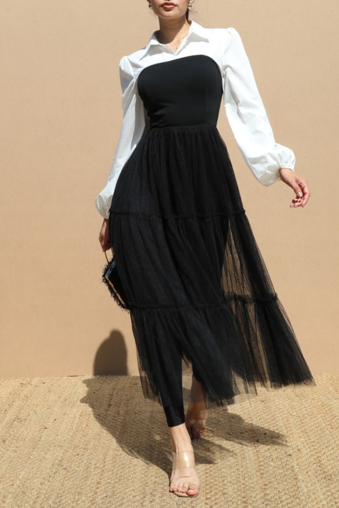 Puff Sleeve Woven Top Long Mesh Dress