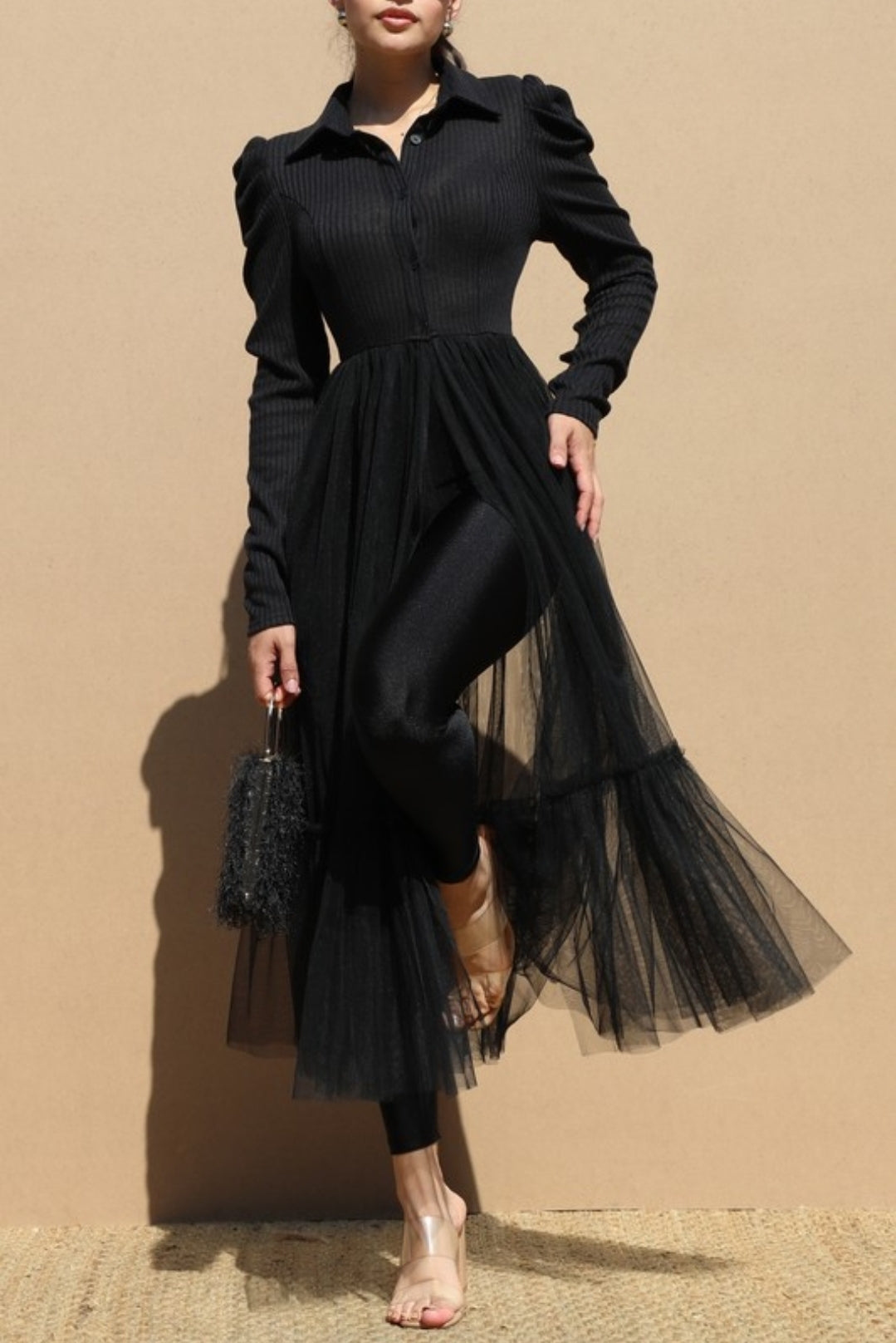 Puff Sleeve-Knit Long Dress