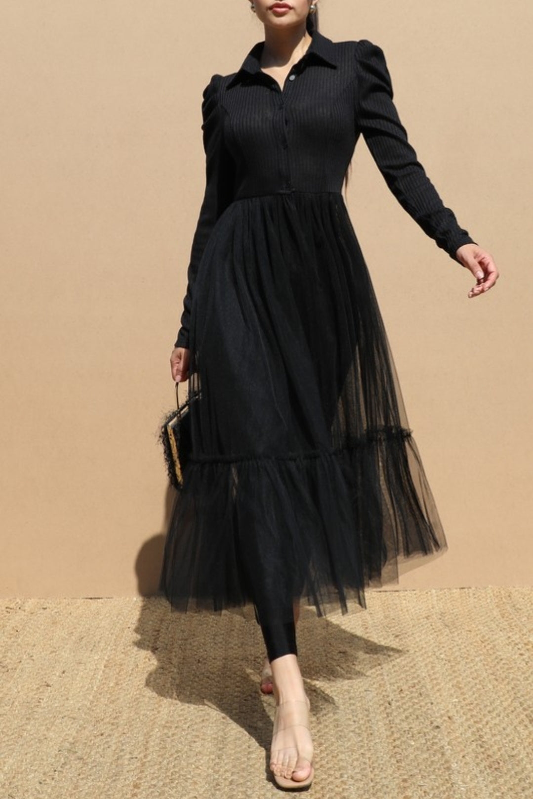 Puff Sleeve-Knit Long Dress