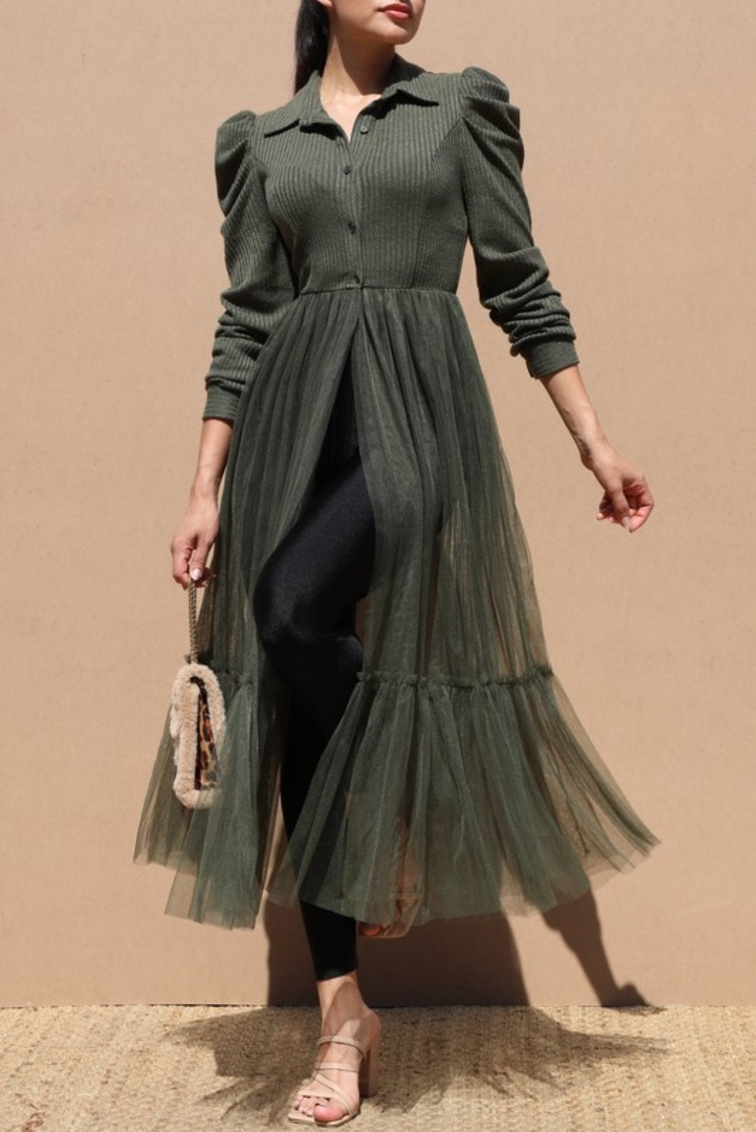 Puff Sleeve-Knit Long Dress