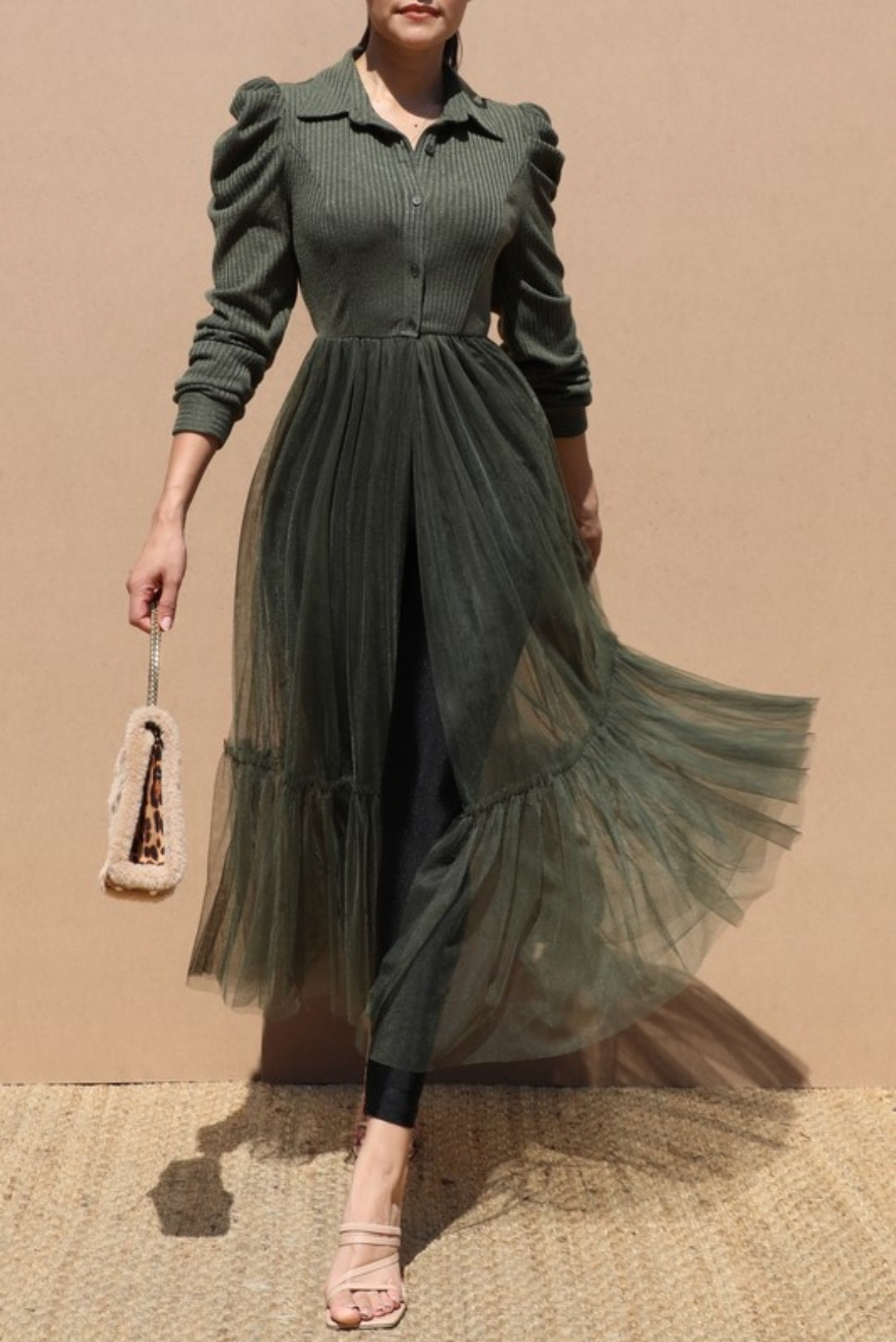 Puff Sleeve-Knit Long Dress