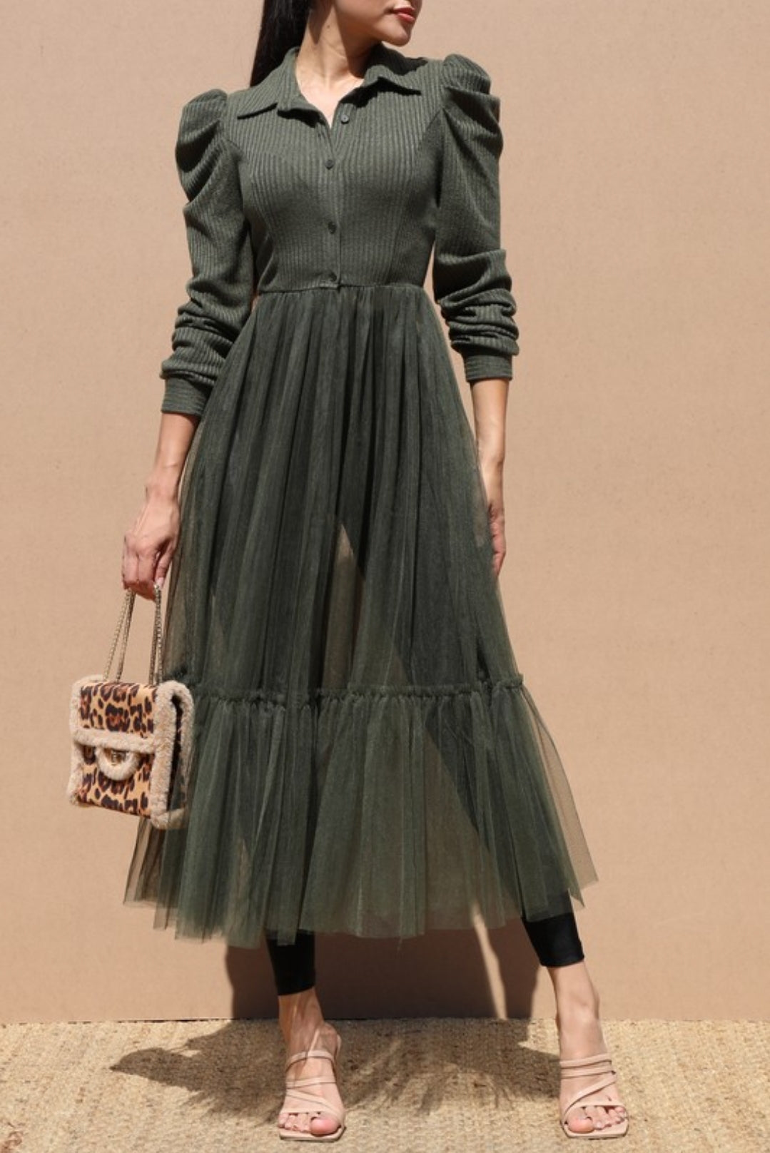 Puff Sleeve-Knit Long Dress