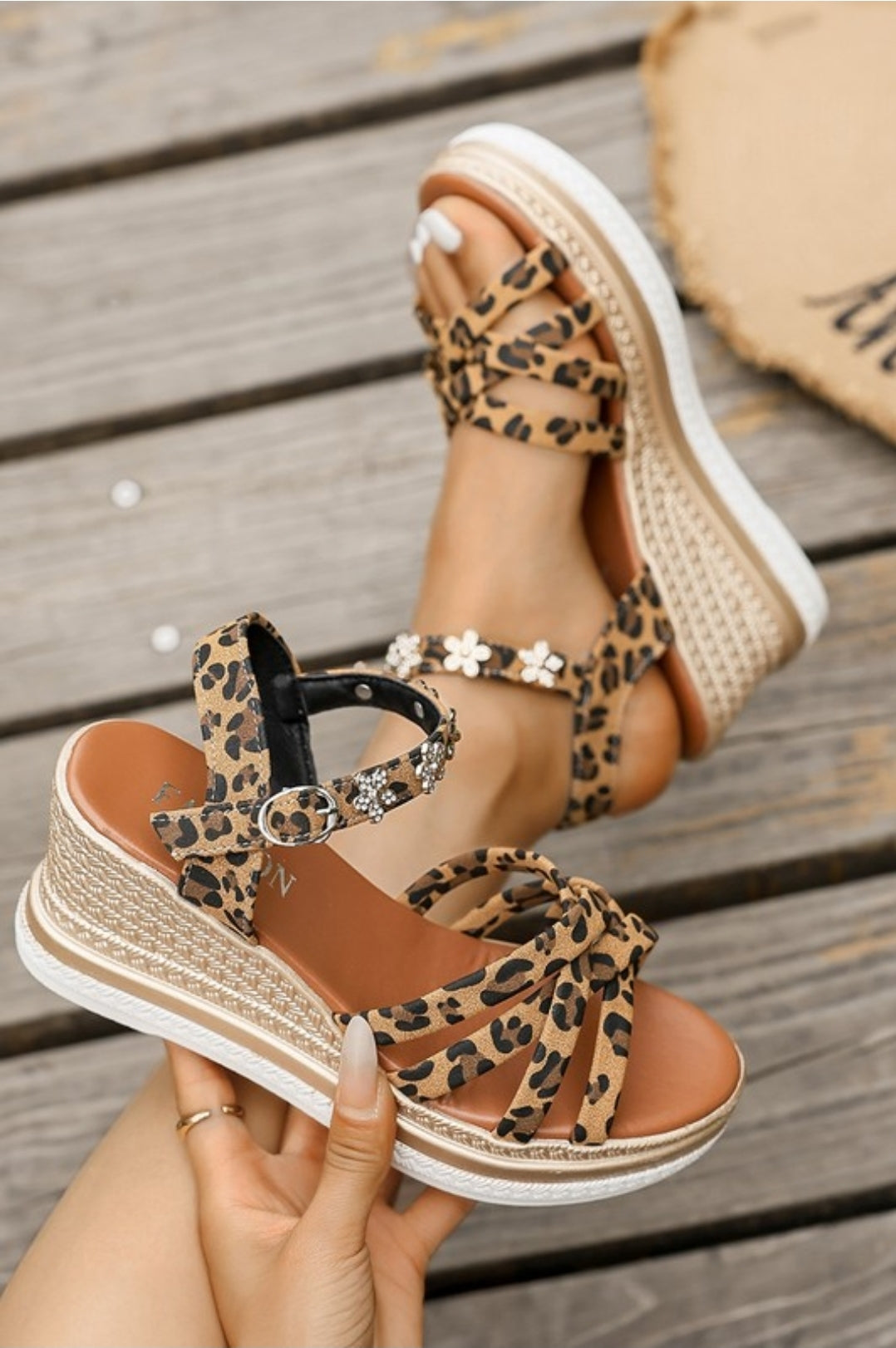Rhinestone Flower Leopard Print Wedge Sandals