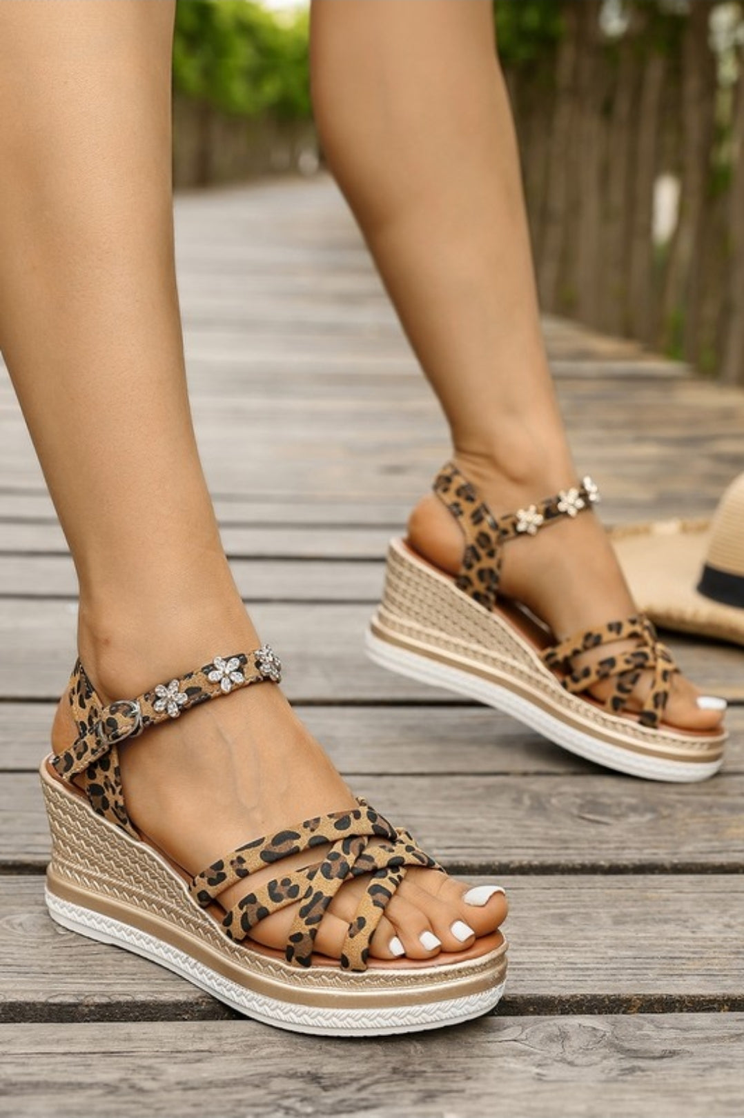 Rhinestone Flower Leopard Print Wedge Sandals