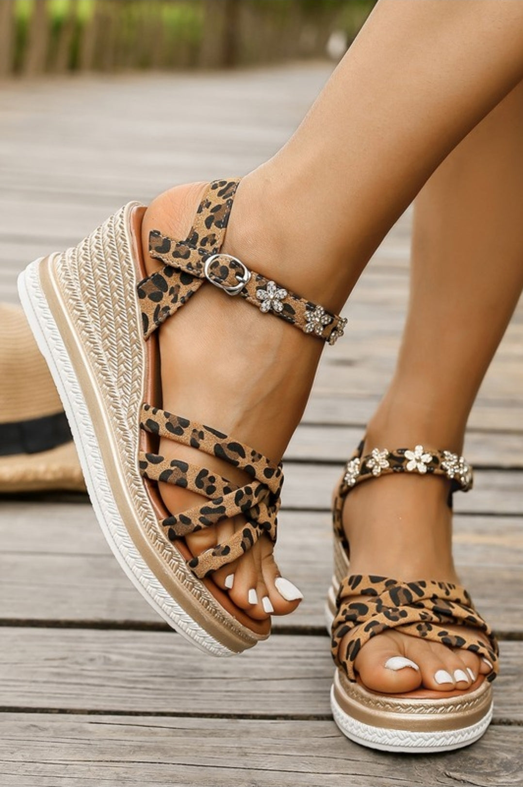 Rhinestone Flower Leopard Print Wedge Sandals