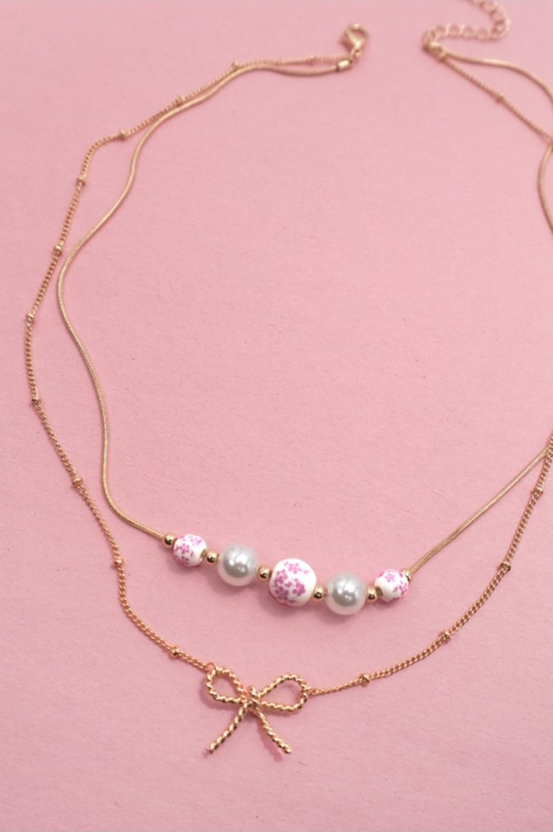 Pink Ceramic Porcelain Pearl Bow Layer Necklace
