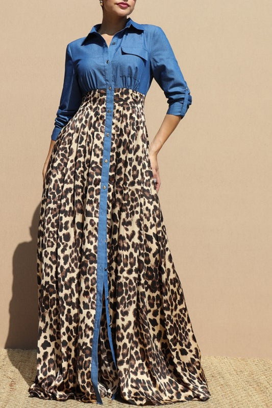 Leopard Denim Satin Maxi Dress