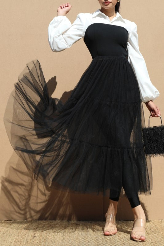Puff Sleeve Woven Top Long Mesh Dress