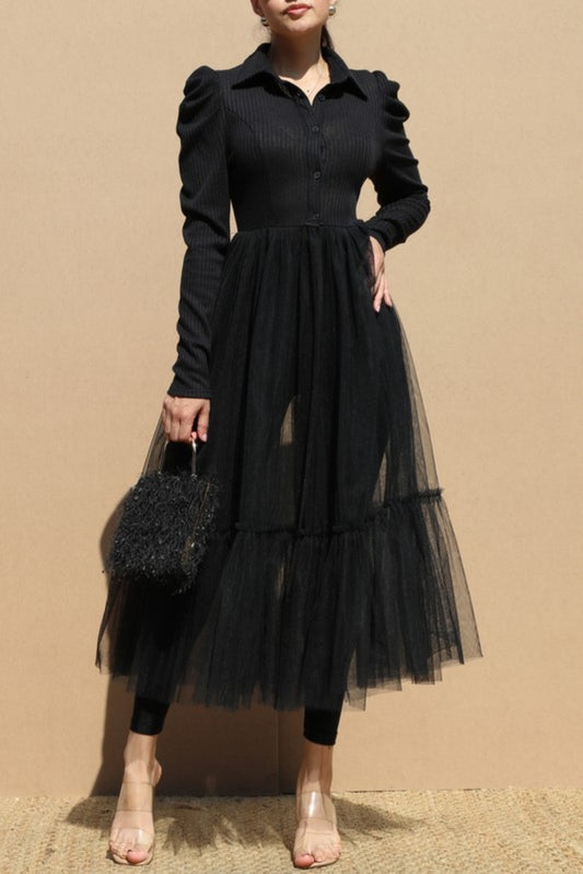 Puff Sleeve-Knit Long Dress