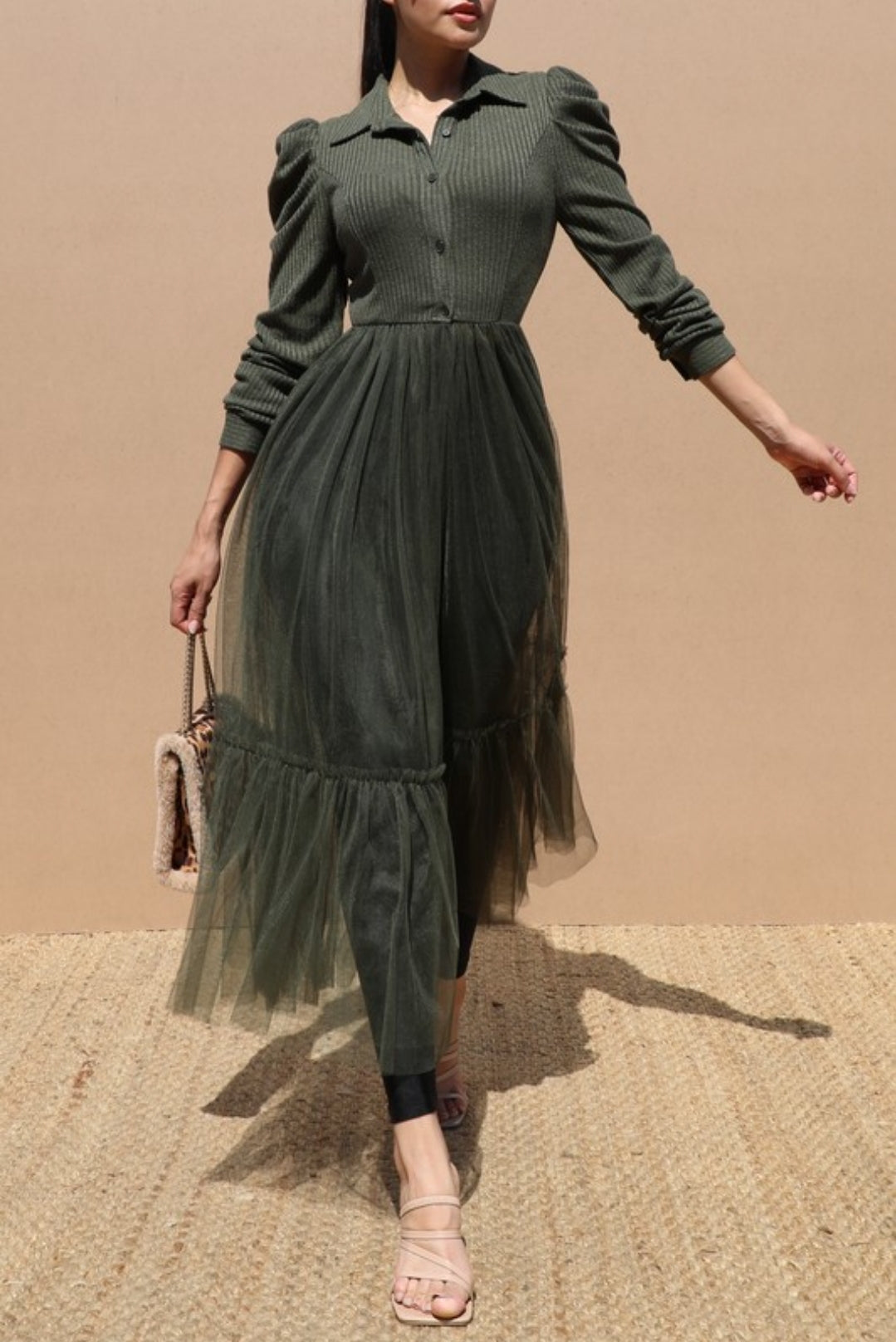 Puff Sleeve-Knit Long Dress