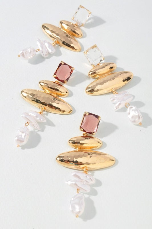 Square Stone Oval Shape Pearl Dangle Earrings
