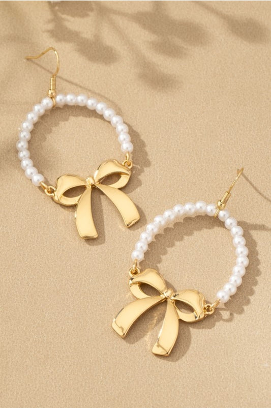 Pearl Hoop With Bow Drop Earrings