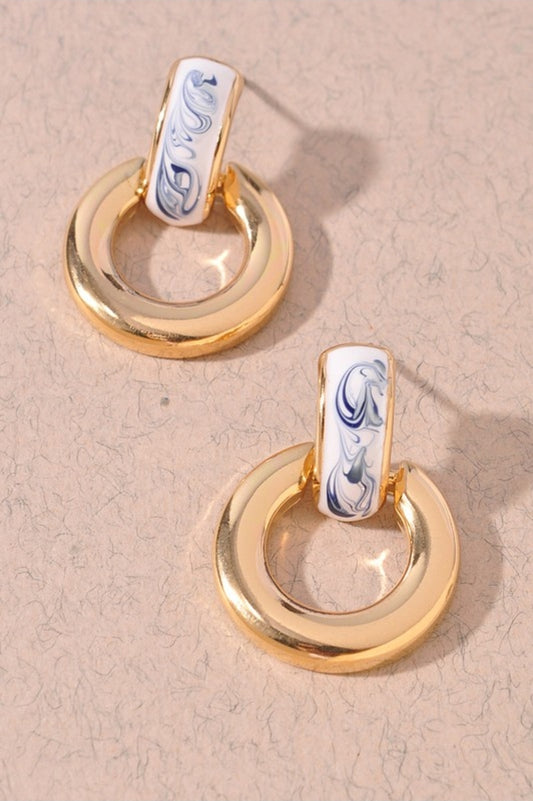 Blue Marble Enamel Hoop Earrings